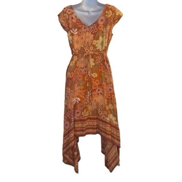 Lola P Orange Floral Print Midi Dress Crochet Neck Tie Waist Asymmetrical Hem - Picture 5 of 5
